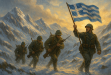 Έλληνες στρατιώτες ανεβαίνουν τις χιονισμένες κορφές της Πίνδου με σημαία και ξιφολόγχες.